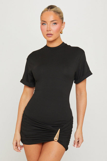Black Padded Shoulder Gold Buckle Mini Dress