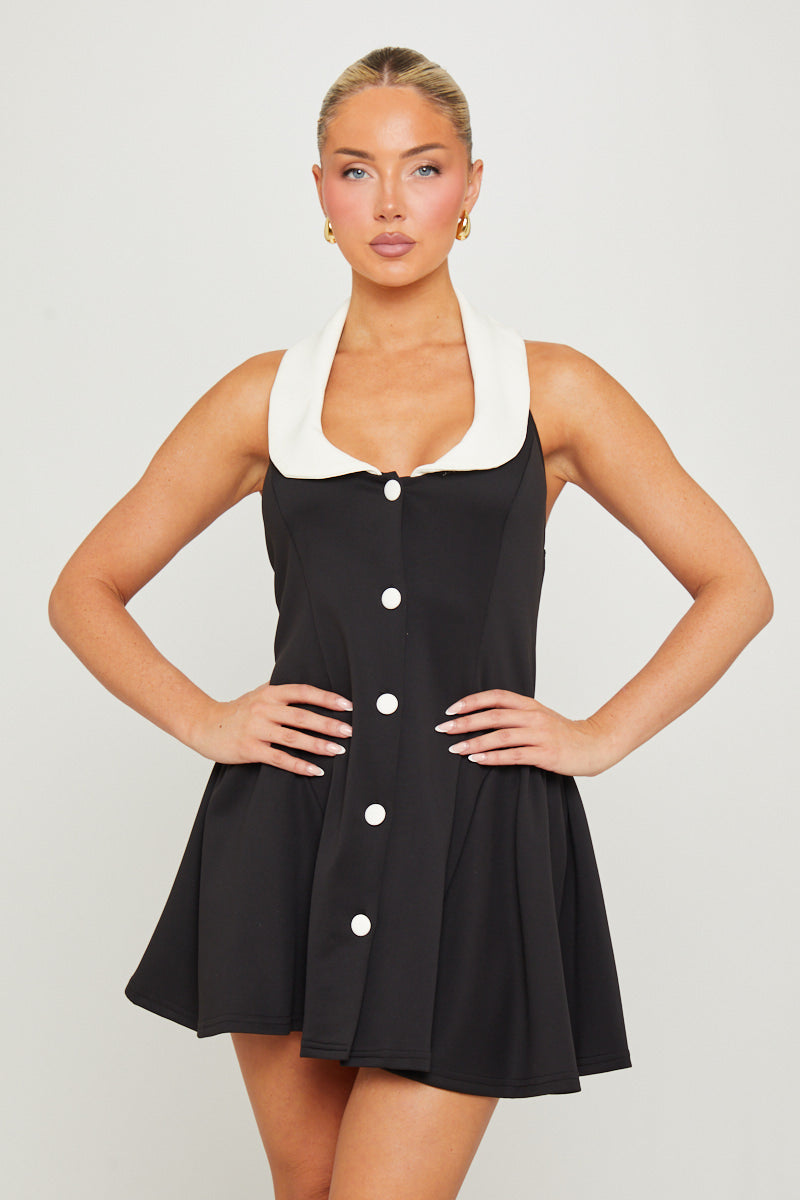 Black Contrast Collar Pleated Mini Dress