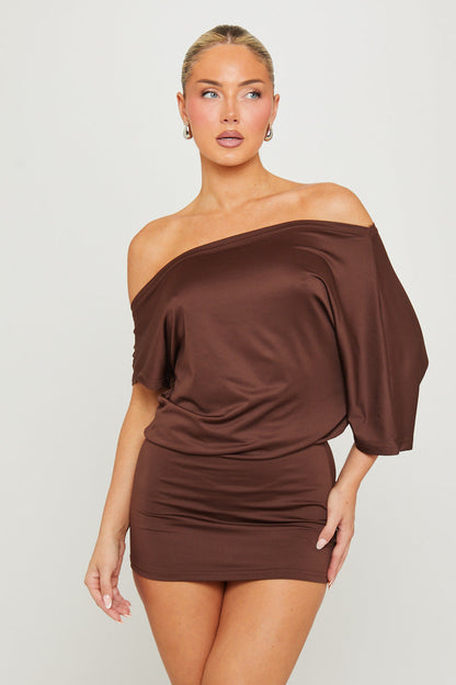 Brown Off Shoulder Batwing Mini Dress
