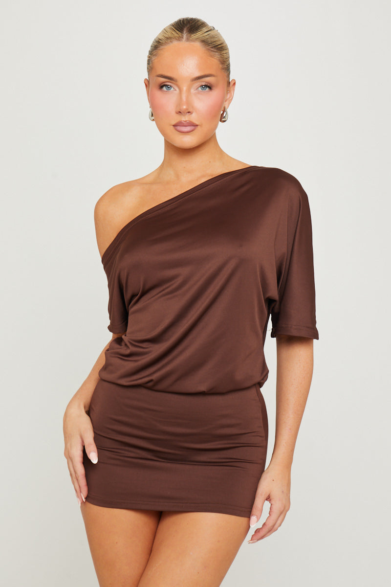 Brown Off Shoulder Batwing Mini Dress