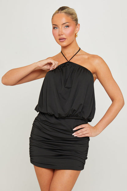 Black Halter Ruched Bodycon Mini Dress