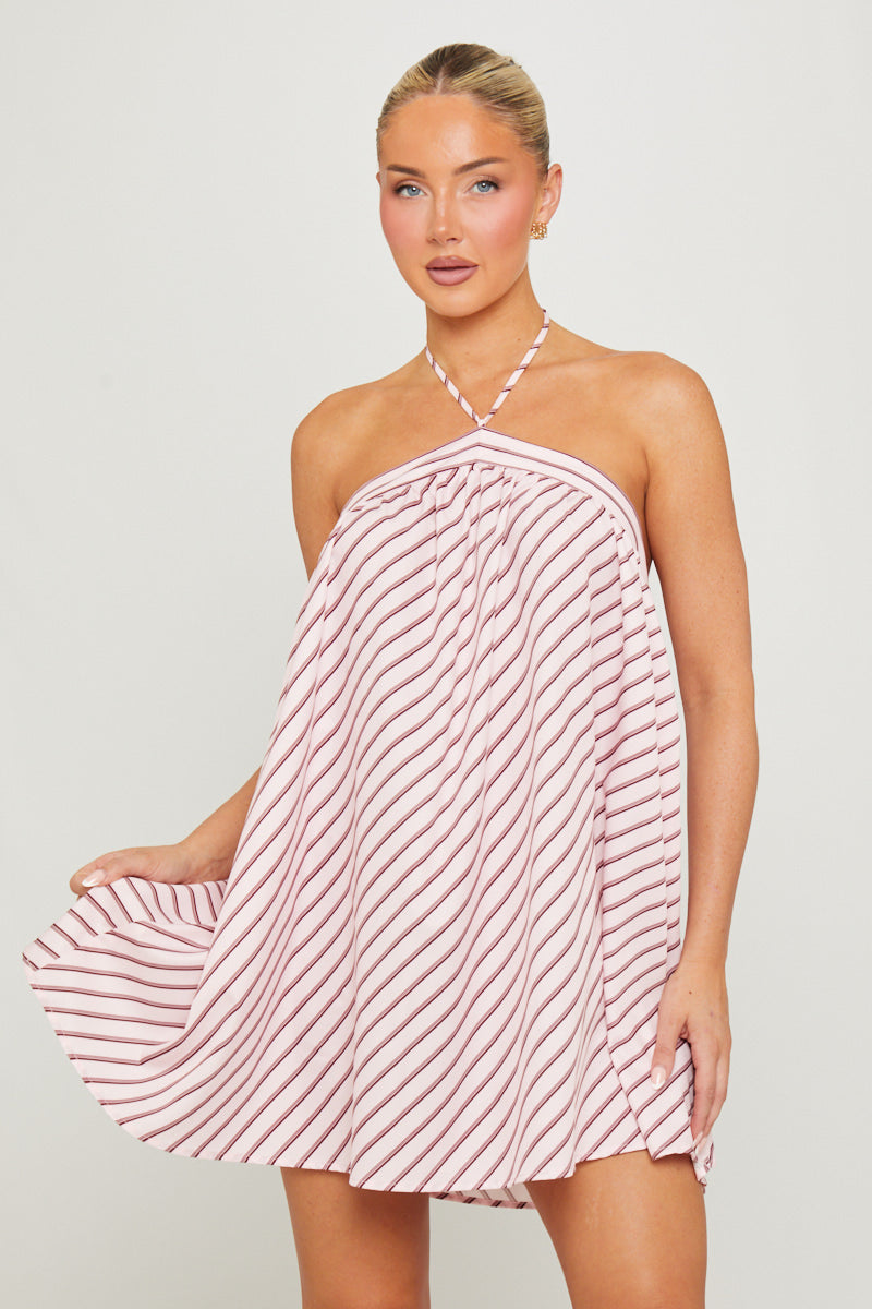 Pink Halter Stripe Open Back Mini Dress