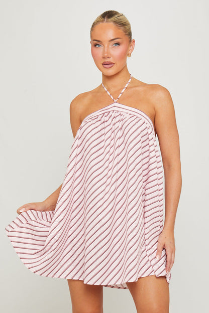 Pink Halter Stripe Open Back Mini Dress