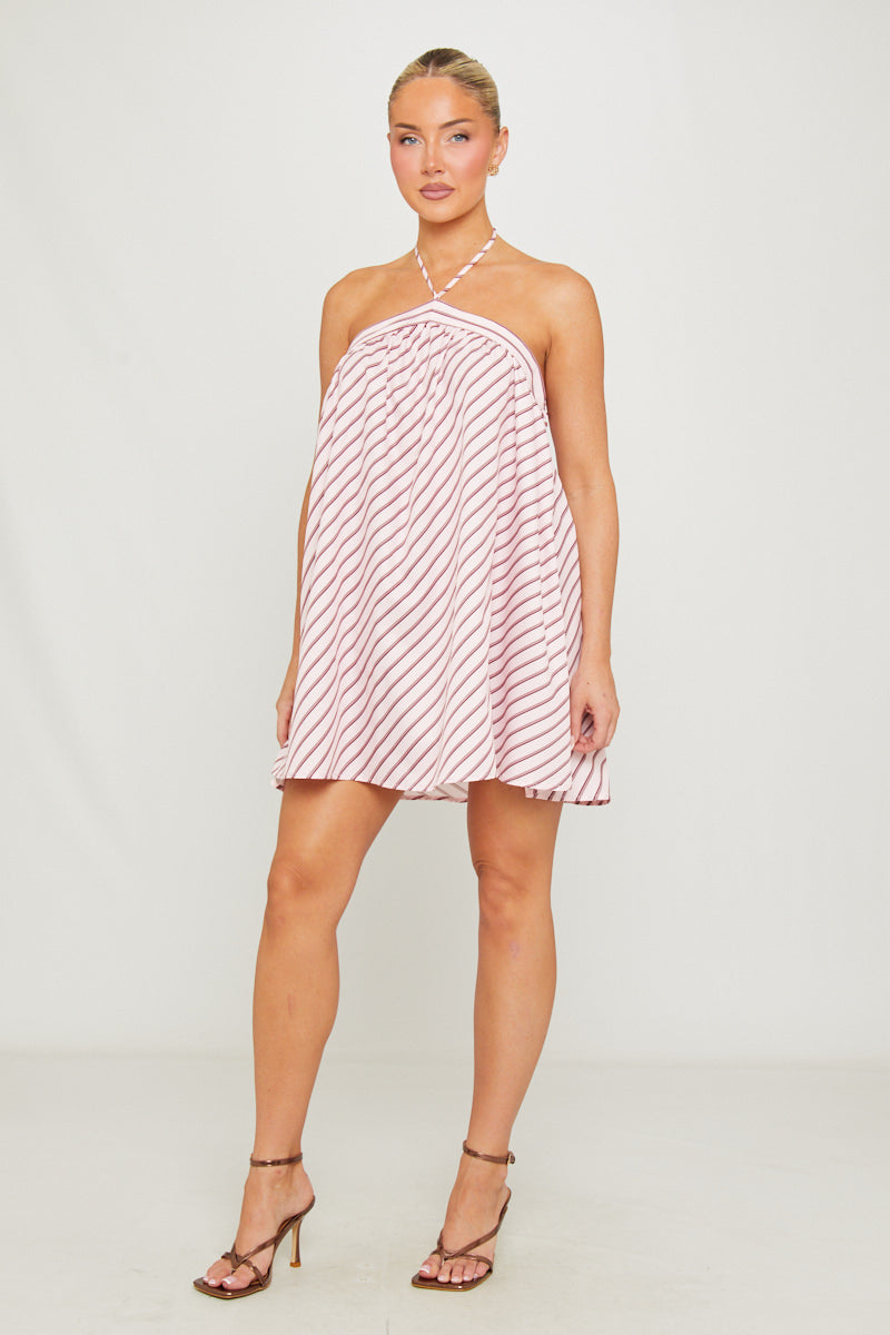 Pink Halter Stripe Open Back Mini Dress