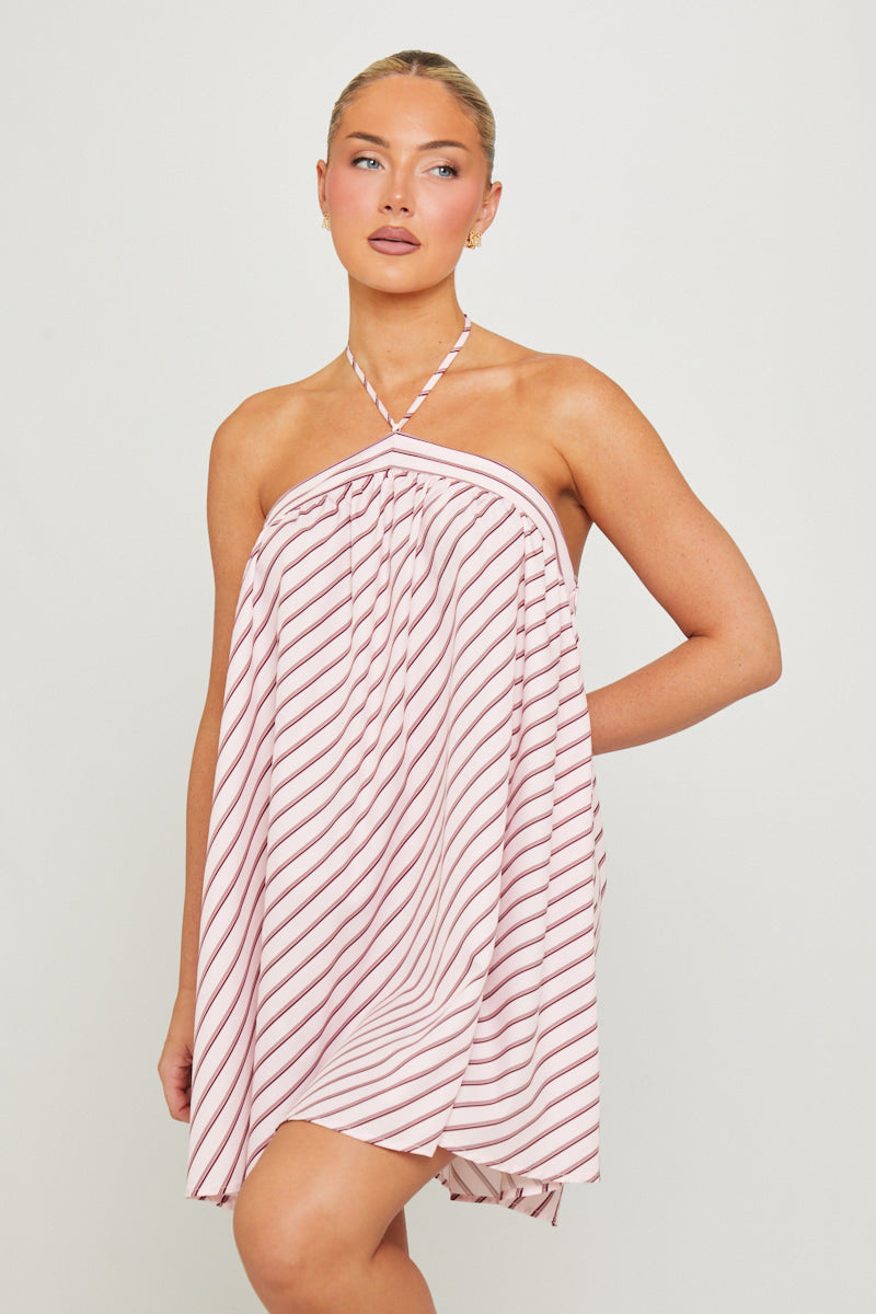 Pink Halter Stripe Open Back Mini Dress