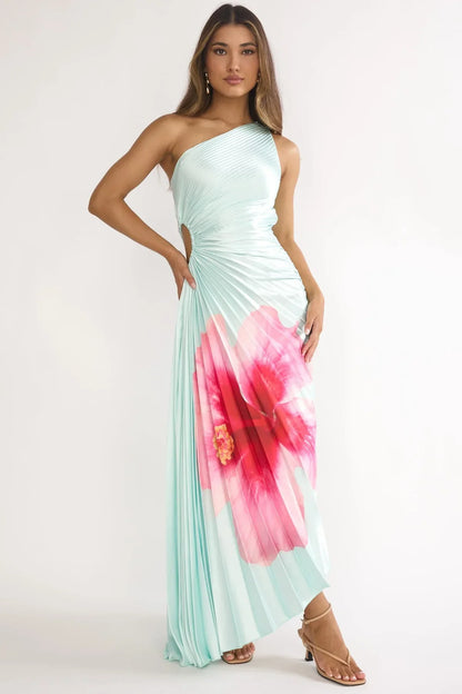 Beth Maxi Dress Mint Floral Pleated Maxi Dress with Cut-Out
