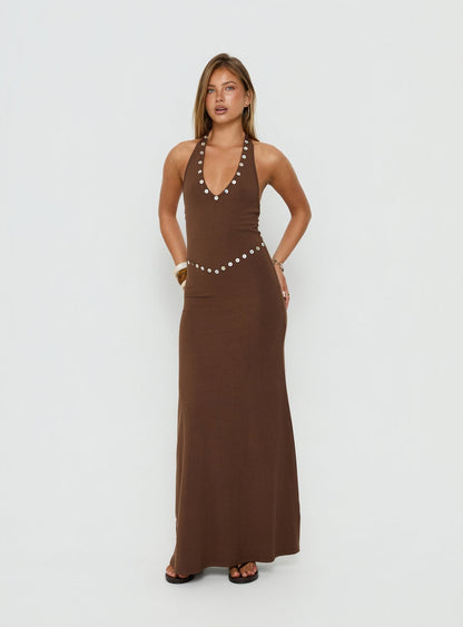 Correna Embellished Halter Maxi Dress Chocolate