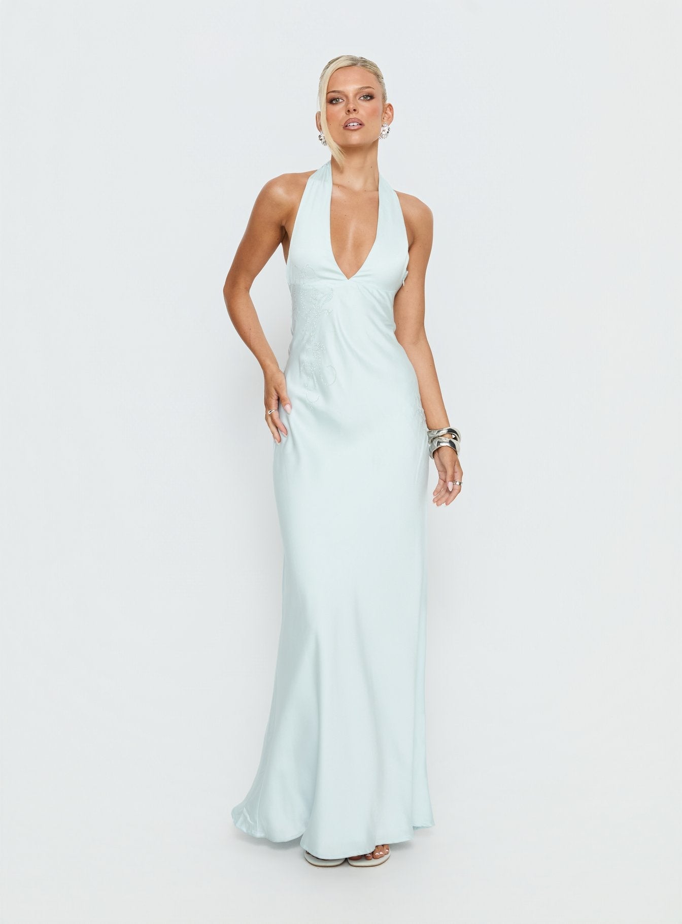 Strawberry Clouds Hotstone Satin Maxi Dress Icy Blue