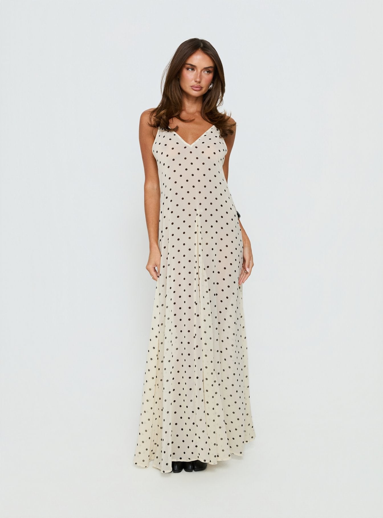 Loulah Sheer Chiffon Maxi Dress Cream Polka Dot