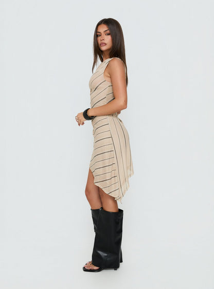 Jamyma Asymmetrical Mini Dress Beige Stripe