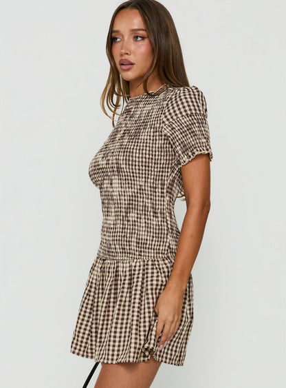 Laurita Shirred Mini Dress Brown Check