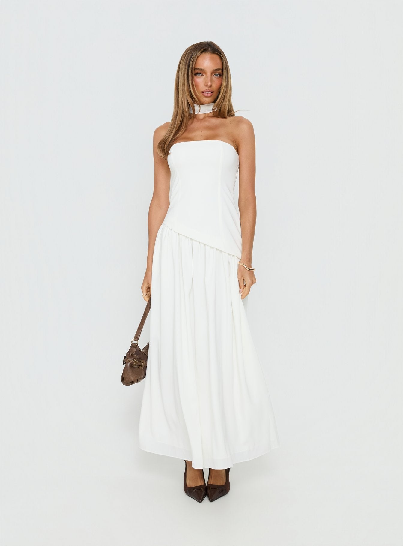 Odela Strapless Scarf Drop Waist Maxi Dress White