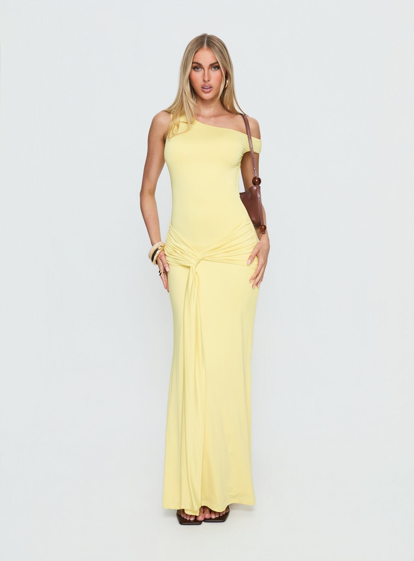 Get Lucky Drape One Shoulder Maxi Dress Lemon Yellow