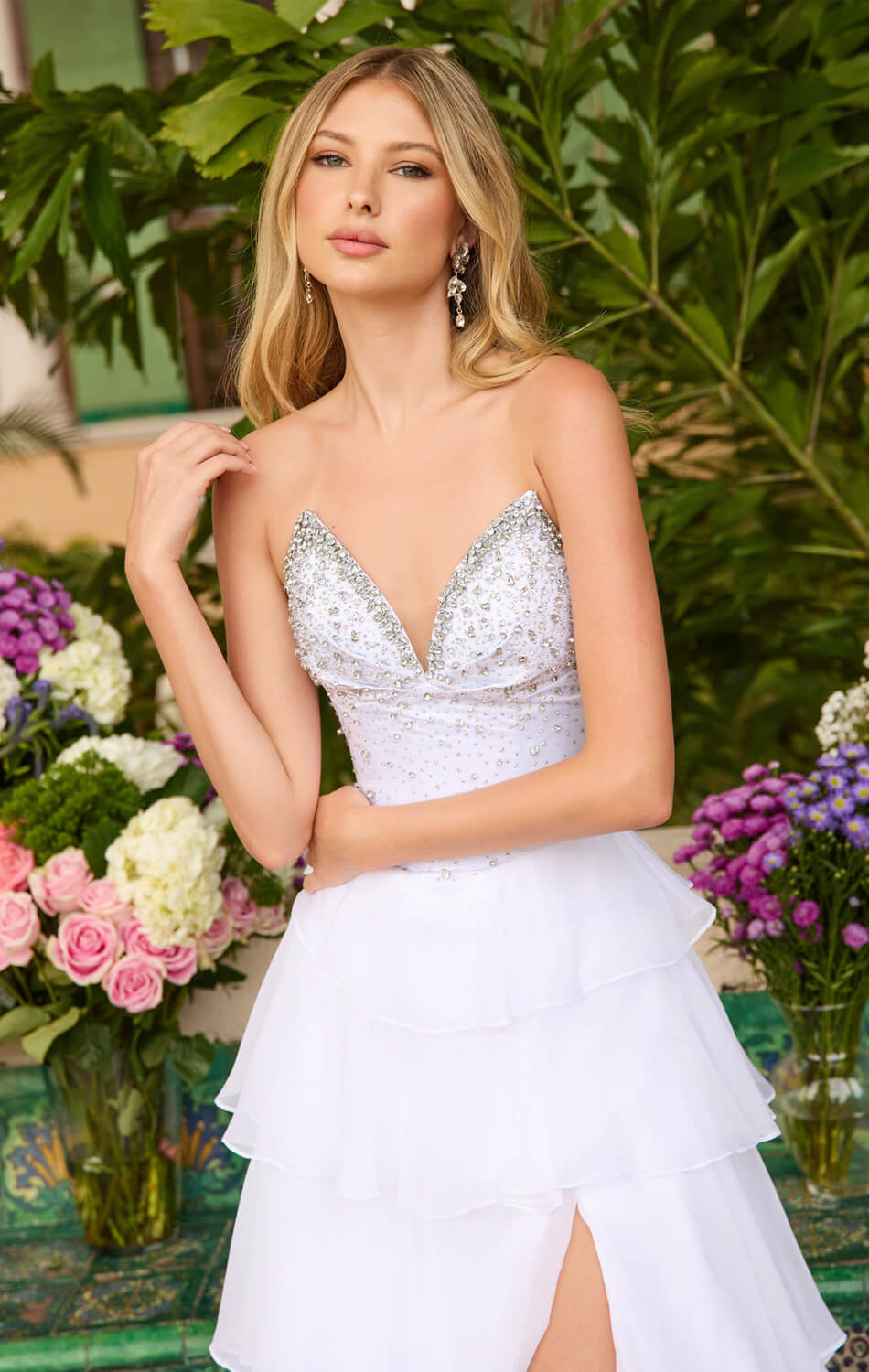 26407 Ava Presley Strapless Chiffon Gown With Tiered Skirt