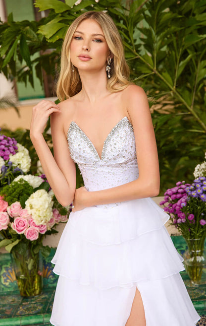 26407 Ava Presley Strapless Chiffon Gown With Tiered Skirt