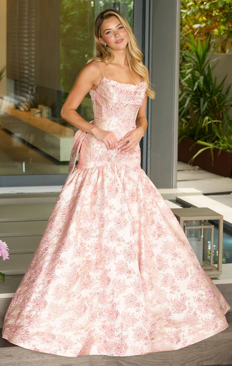 26419 Ava Presley Metallic Brocade Gown With Bow