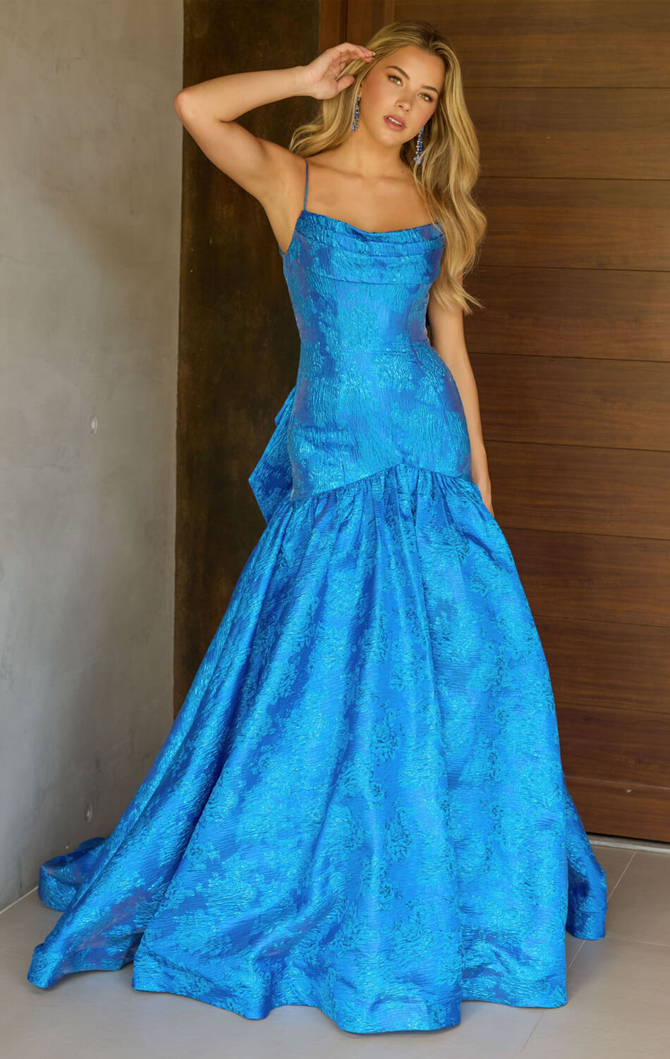 26419 Ava Presley Metallic Brocade Gown With Bow