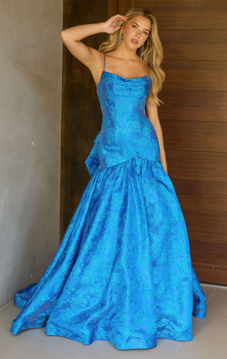 26419 Ava Presley Metallic Brocade Gown With Bow