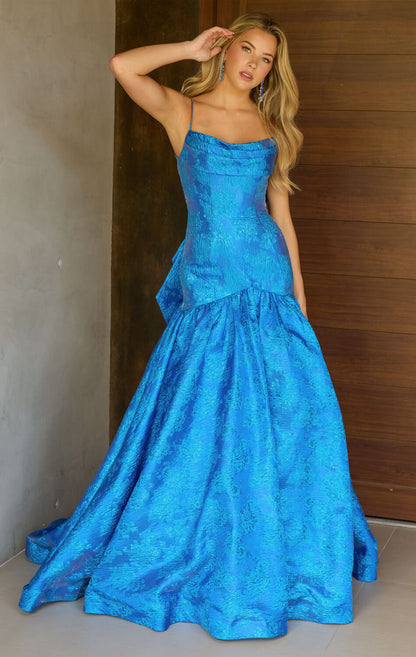 26419 Ava Presley Metallic Brocade Gown With Bow