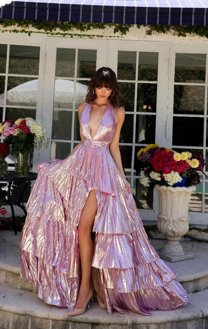 29220 Ava Presley Metallic Ruffle Halter Dress