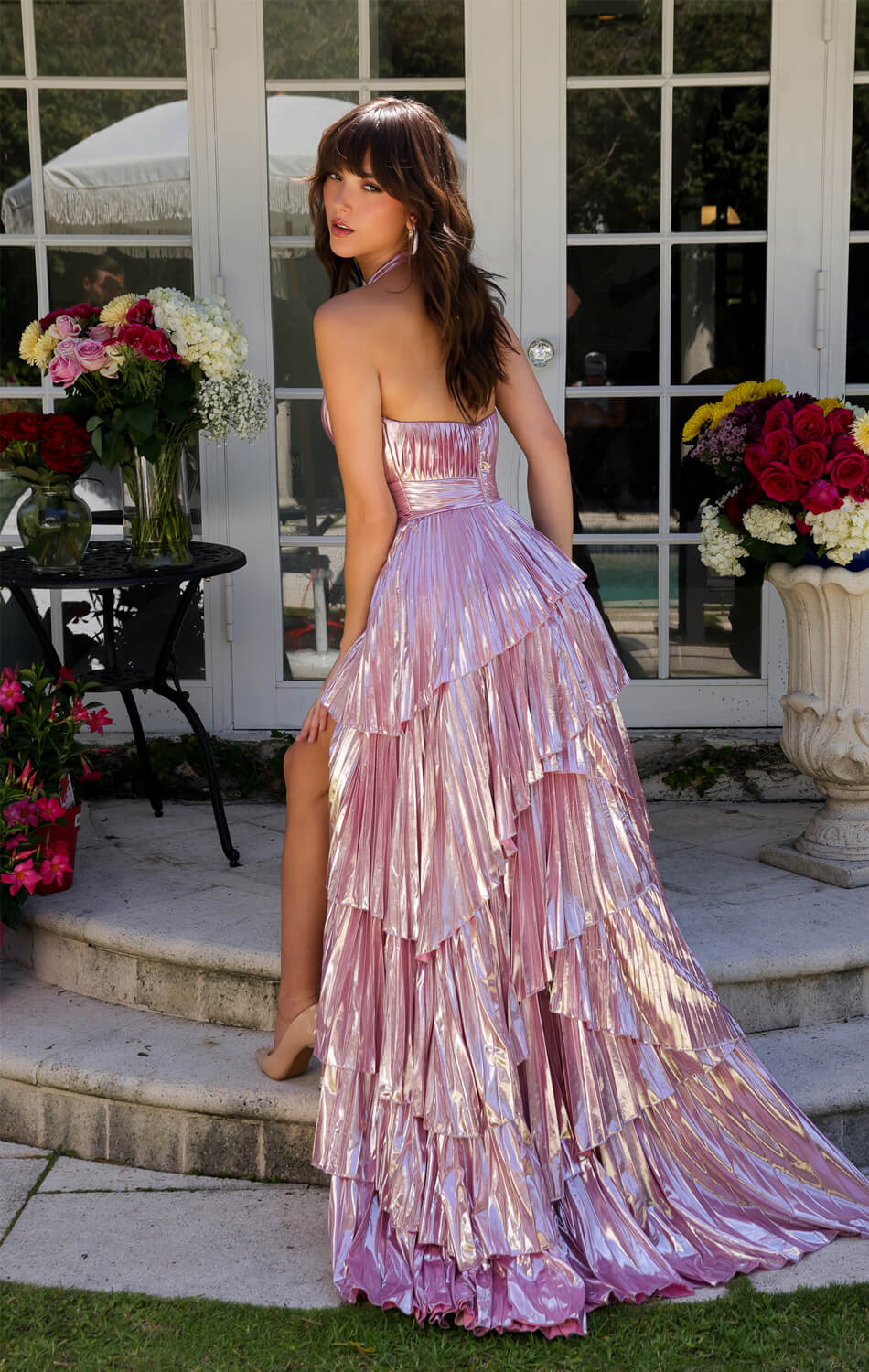 29220 Ava Presley Metallic Ruffle Halter Dress