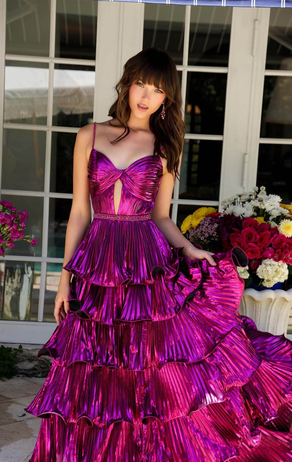 29263 Ava Presley Metallic Tiered Keyhole Gown