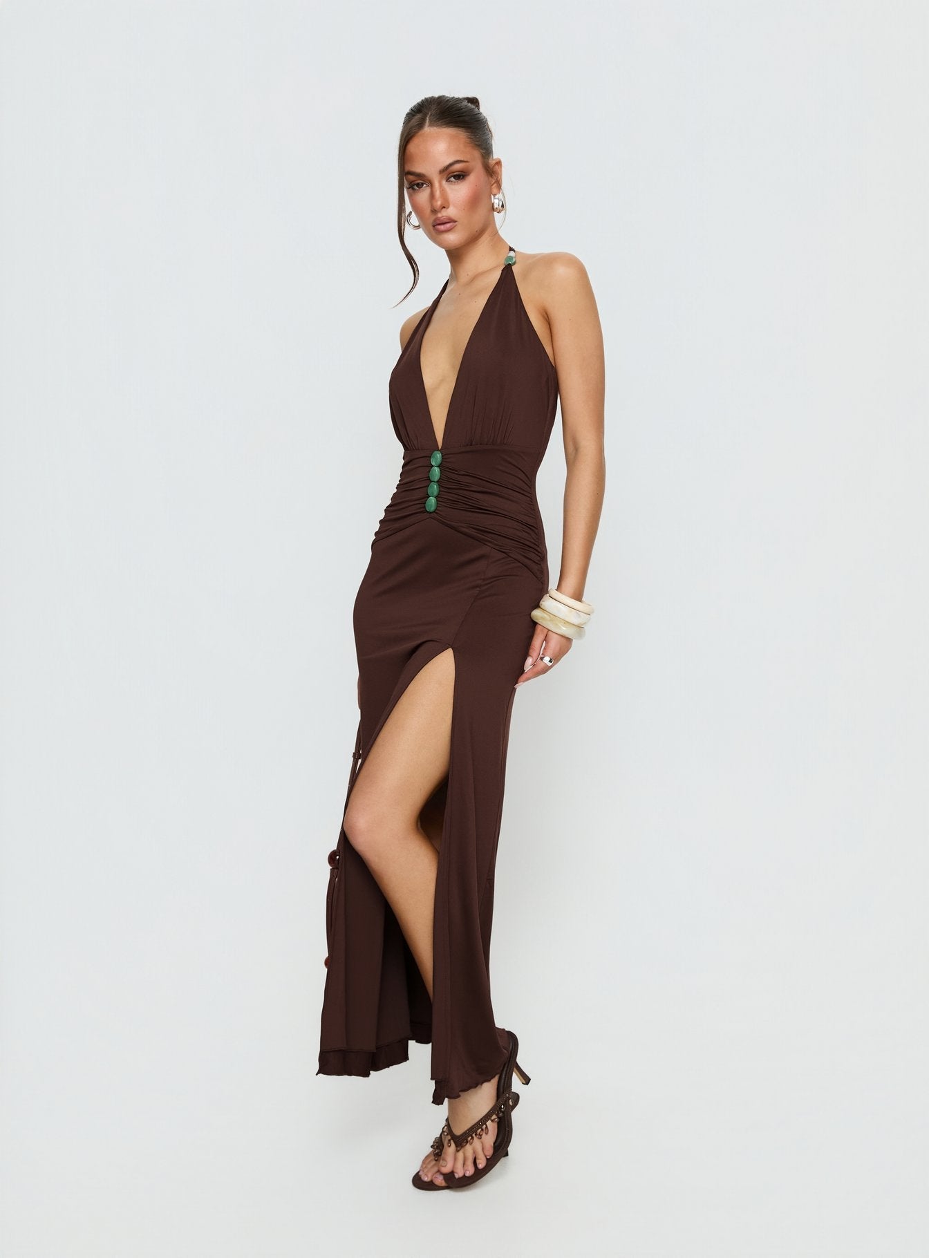 Sasami Halter Plunge Maxi Dress Chocolate