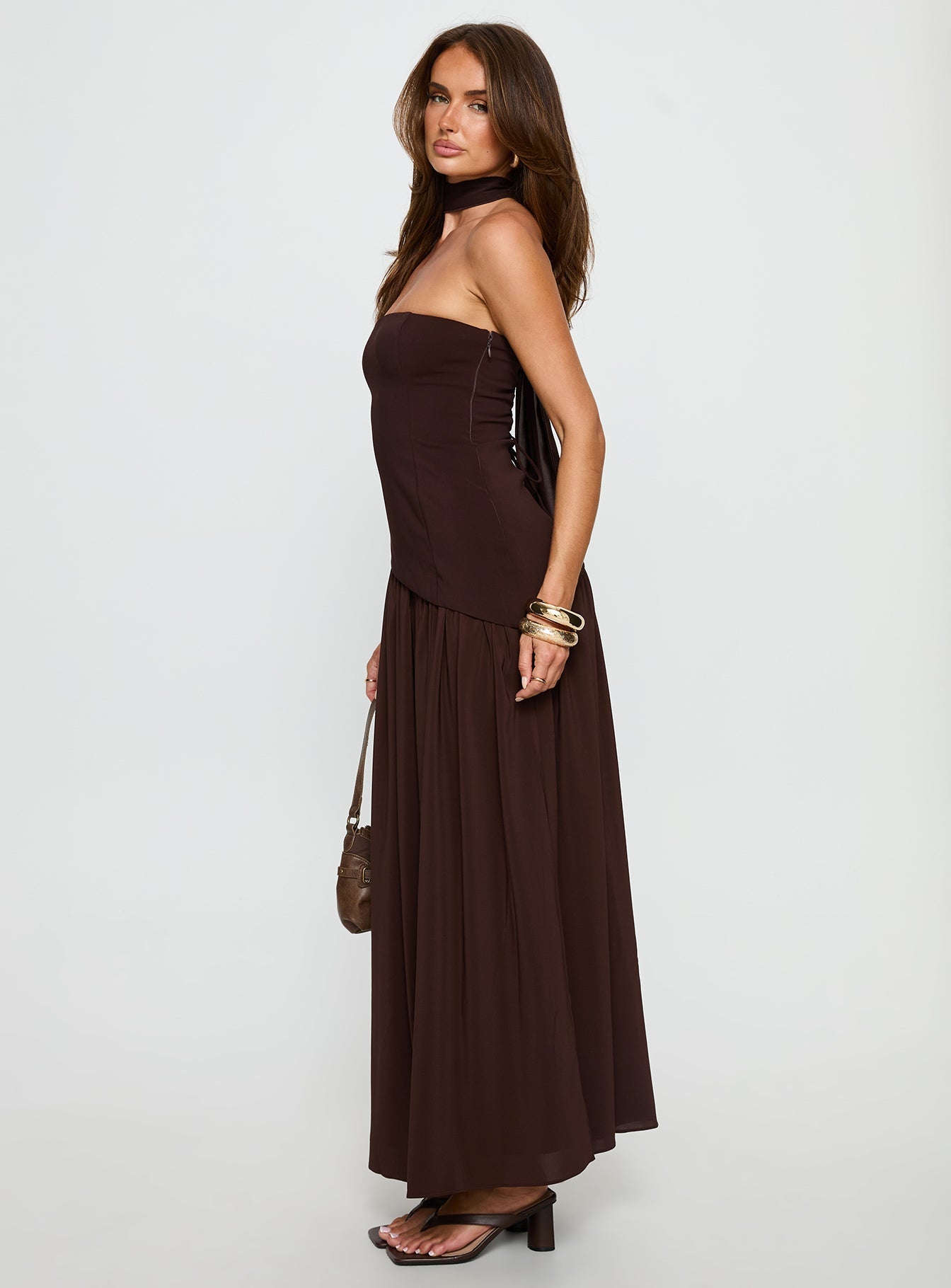 Odela Strapless Scarf Drop Waist Maxi Dress Chocolate