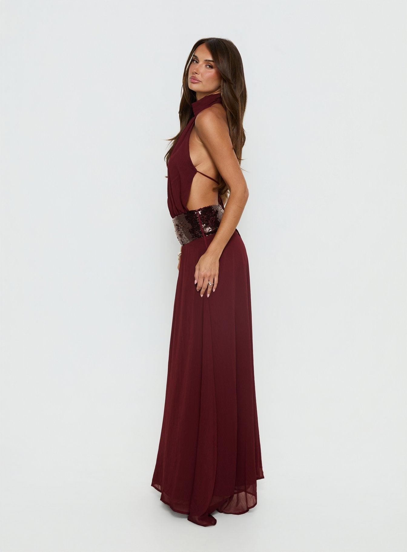 Darwinn Drop Waist Sequin Detail Maxi Dress Burgundy