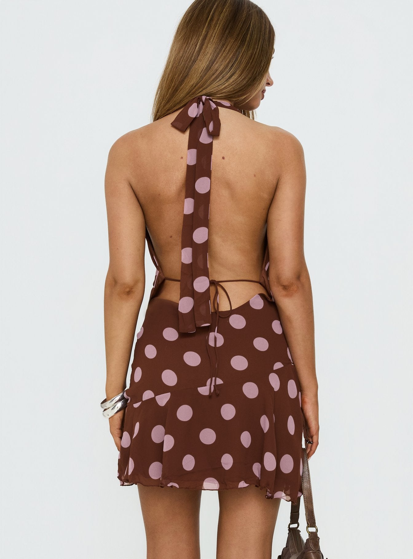 Karolie Halter Plunge Mini Dress Brown / Lilac Polka Dot