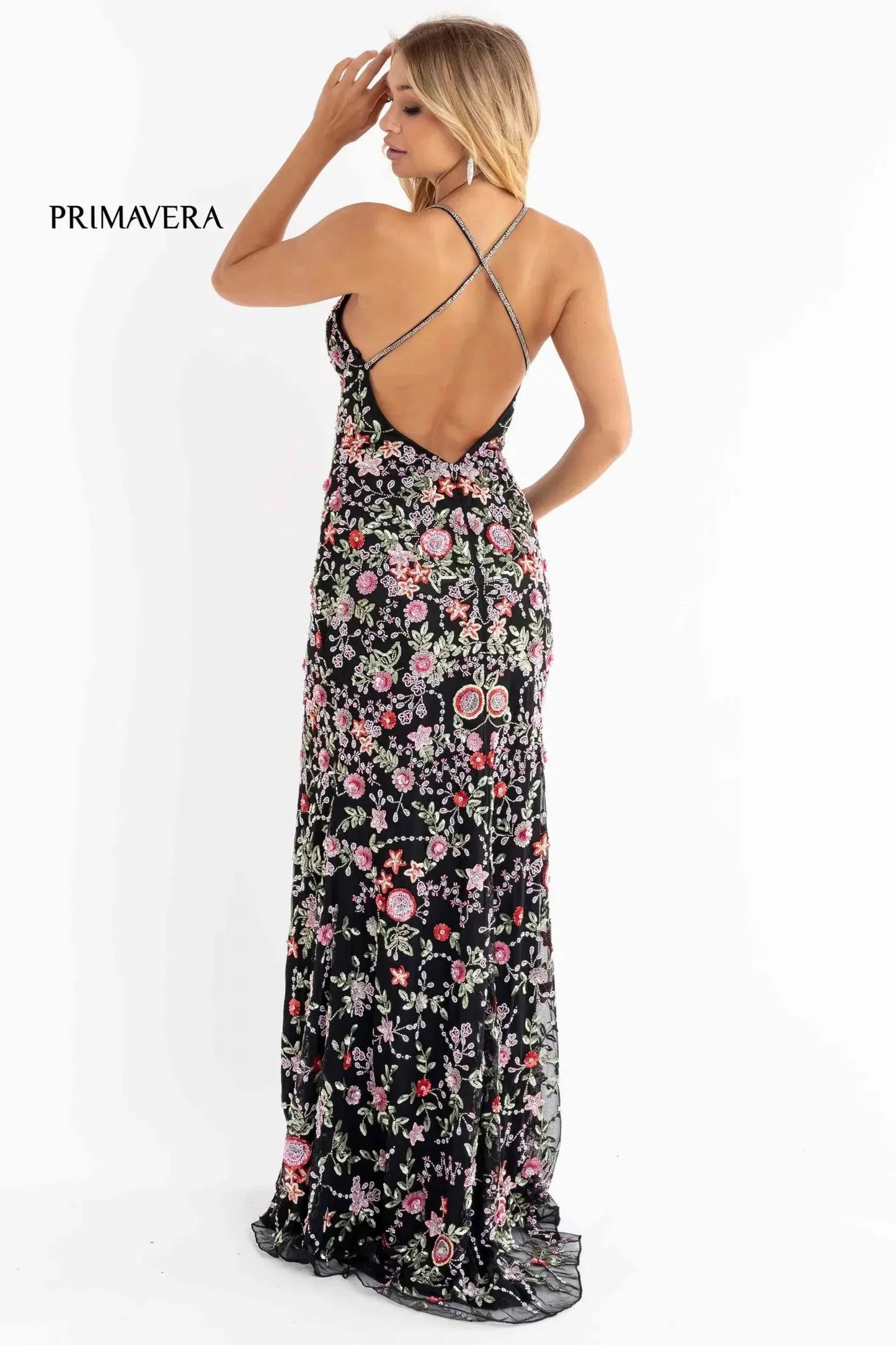 3073 Primavera Floral Beaded Open Back Gown