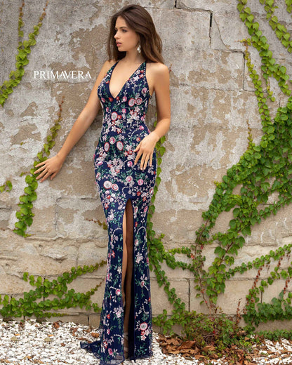 3073 Primavera Floral Beaded Open Back Gown