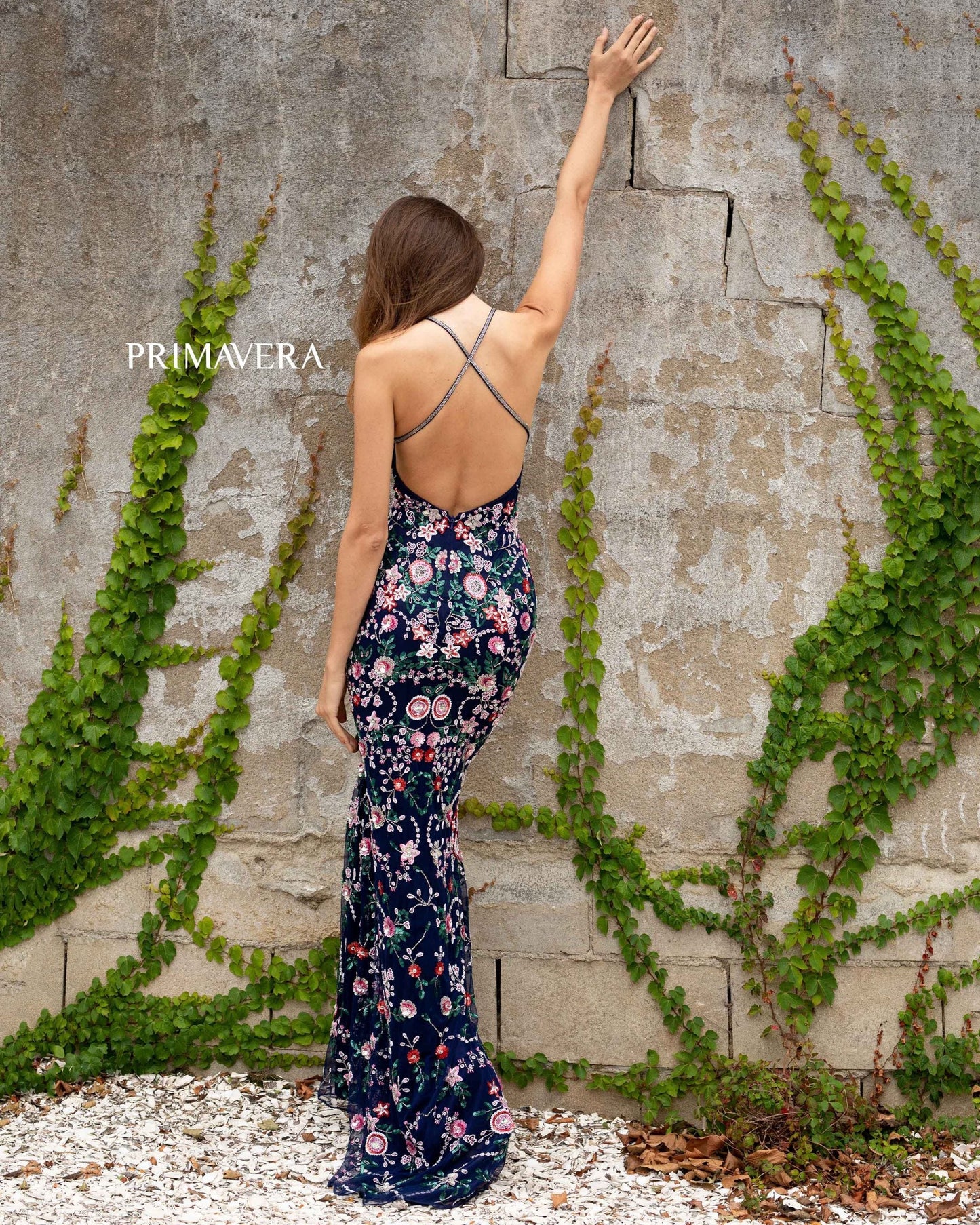 3073 Primavera Floral Beaded Open Back Gown