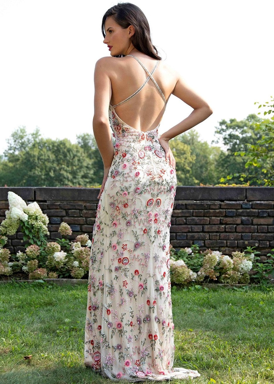 3073 Primavera Floral Beaded Open Back Gown