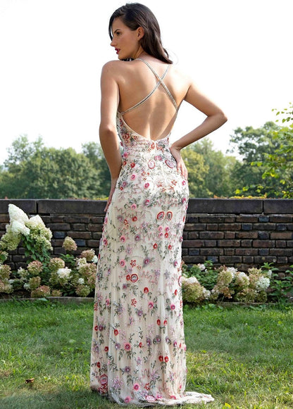 3073 Primavera Floral Beaded Open Back Gown