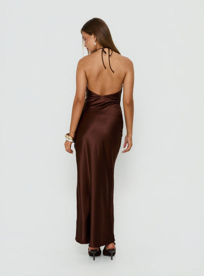Yazmeina Halter Keyhole Maxi Dress Brown