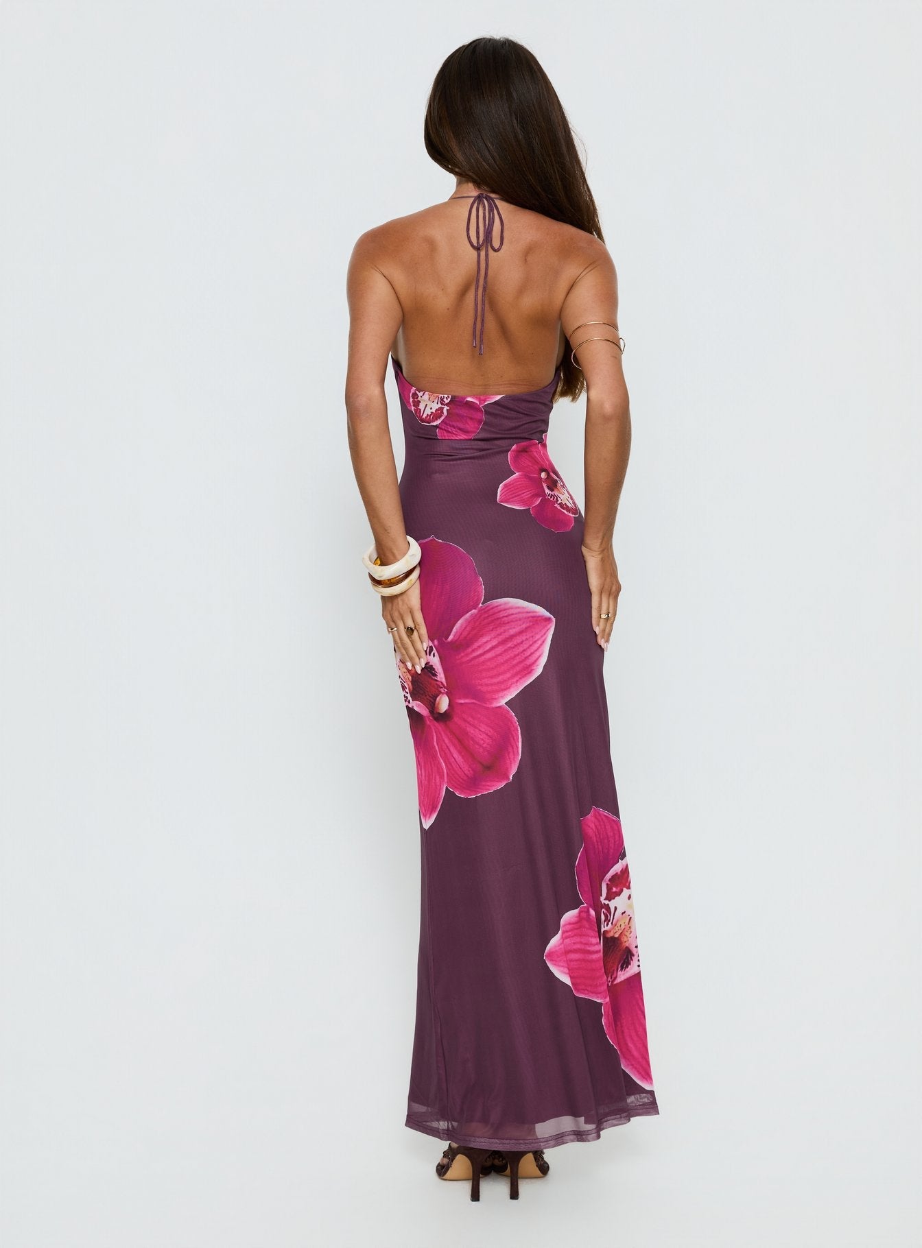Kamina Beaded Halter Maxi Dress Plum Floral