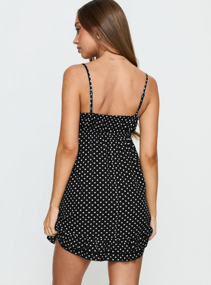 Casee V Neck Frill Mini Dress Black Polka Dot