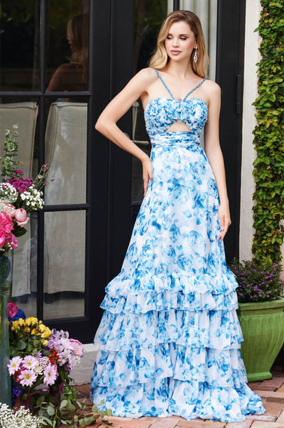 40026 Ava Presley Chiffon Floral Print Dress with Keyhole