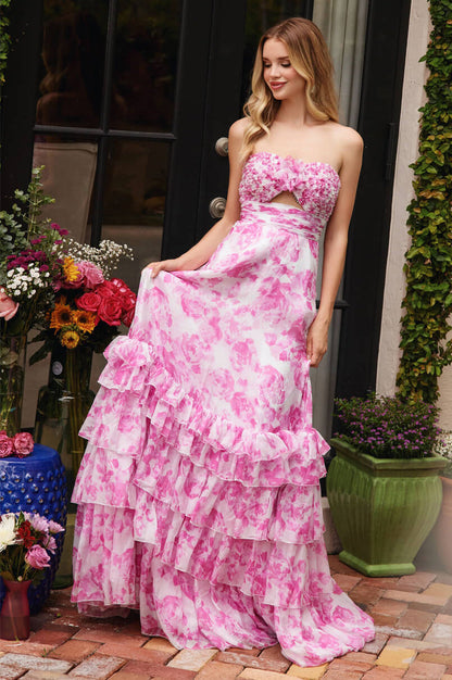 40026 Ava Presley Chiffon Floral Print Dress with Keyhole