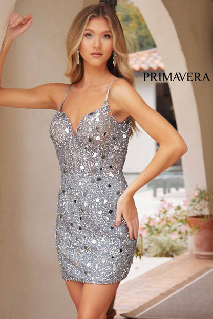 4205 Primavera Mirror Beaded Short Dress with Sheer Corset Top