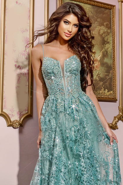 42199 Jovani Sage Lace Embroidered A- Gown