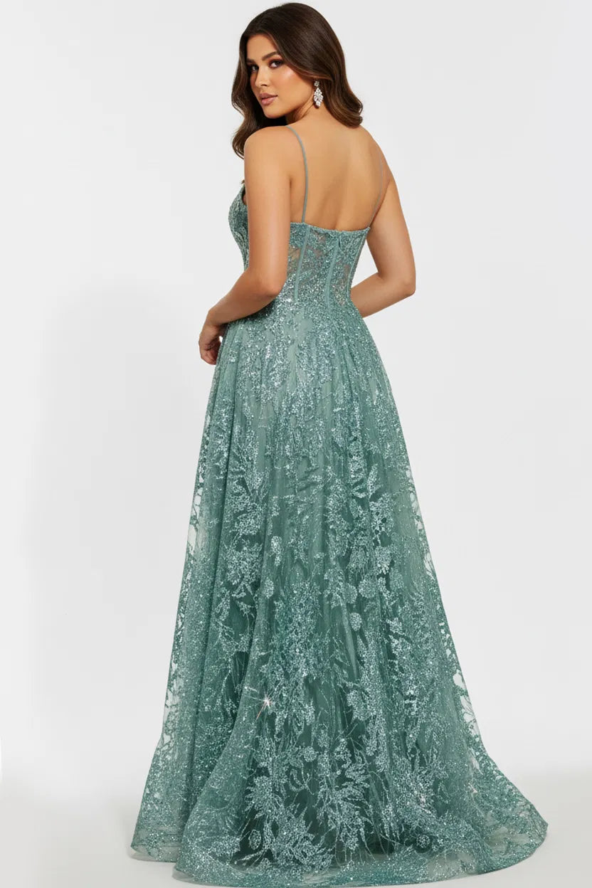 42199 Jovani Sage Lace Embroidered A- Gown