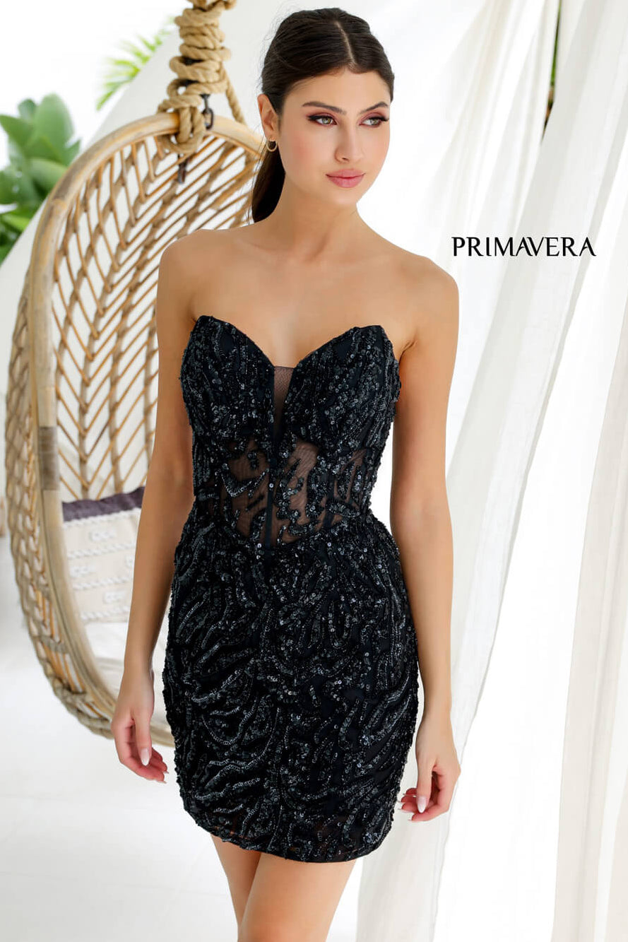 4222 Primavera Sequin Cocktail Dress with Illusion Bodice