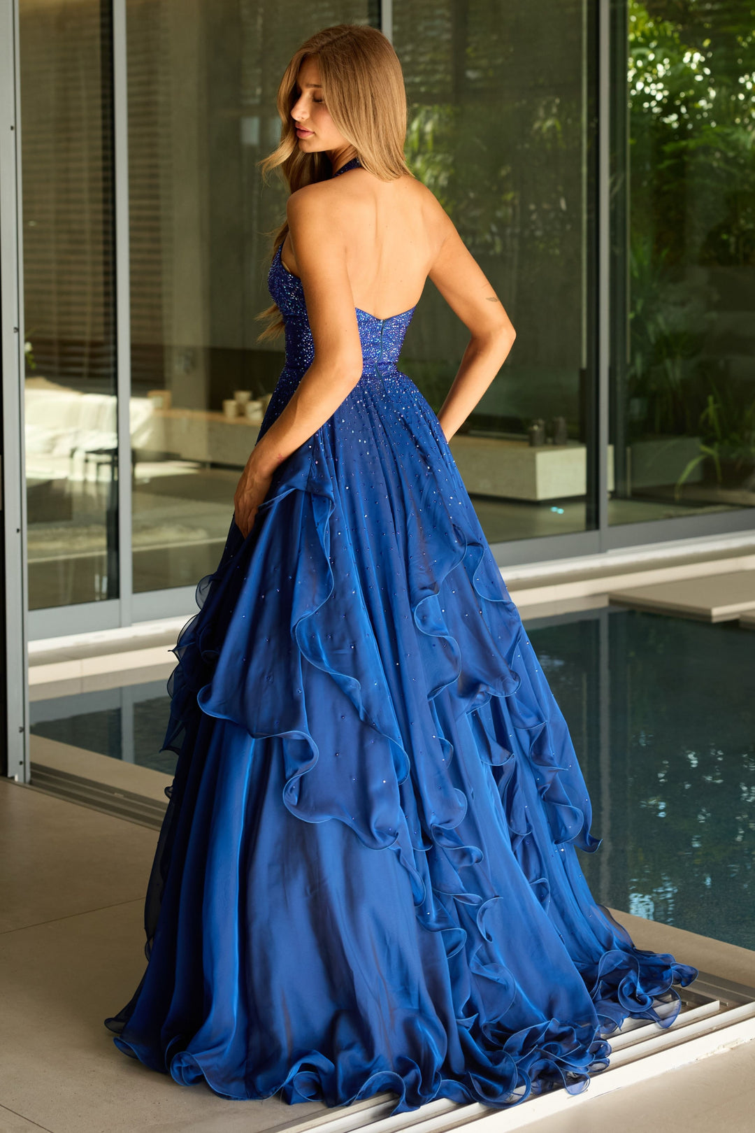 42238 Ava Presley Halter Ball Gown With Ruffled Skirt