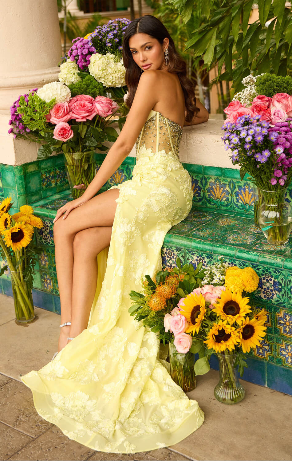 42297 Ava Presley Yellow Floral Lace Mermaid Gown