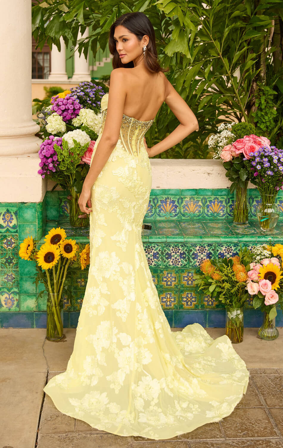 42297 Ava Presley Yellow Floral Lace Mermaid Gown