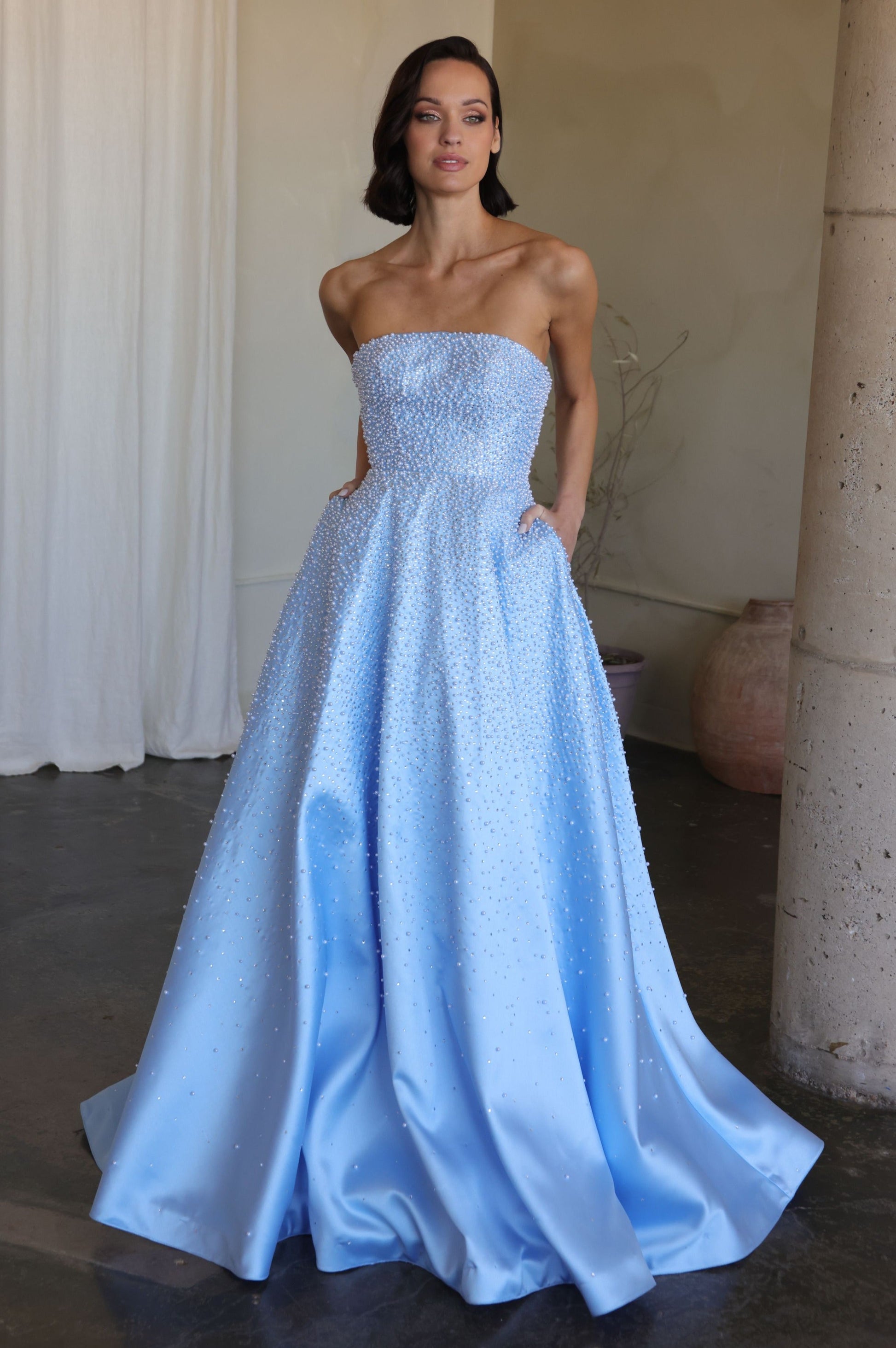 42500 Ava Presley Strapless A- Pearl Embellished Dress
