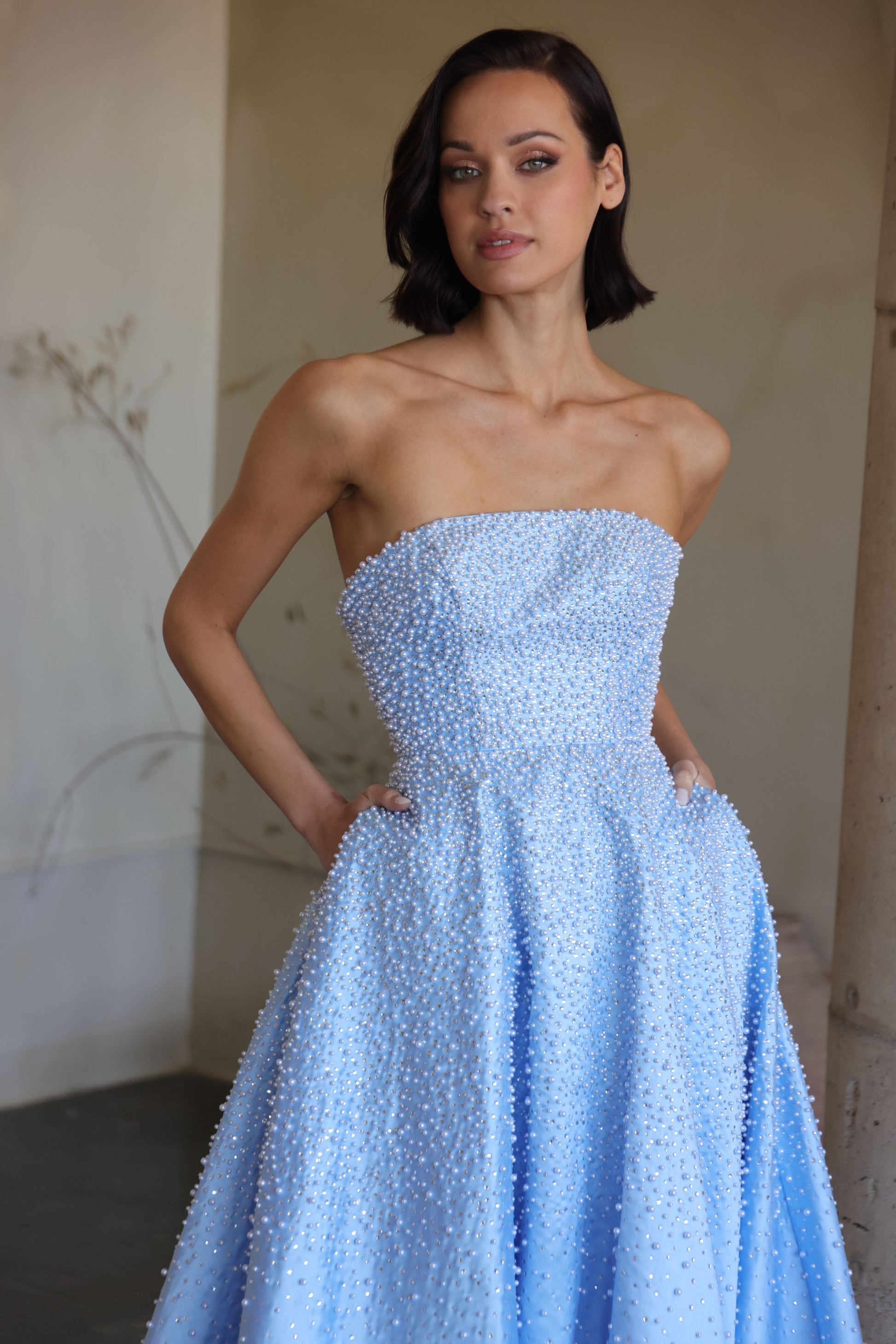 42500 Ava Presley Strapless A- Pearl Embellished Dress