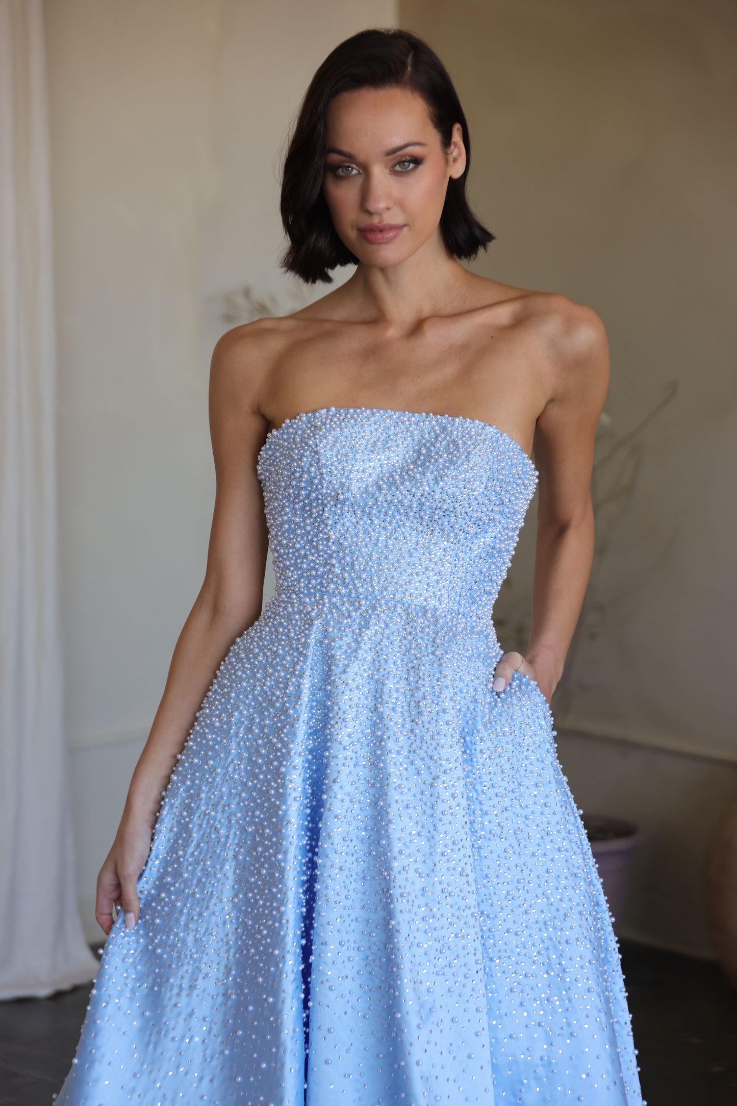 42500 Ava Presley Strapless A- Pearl Embellished Dress